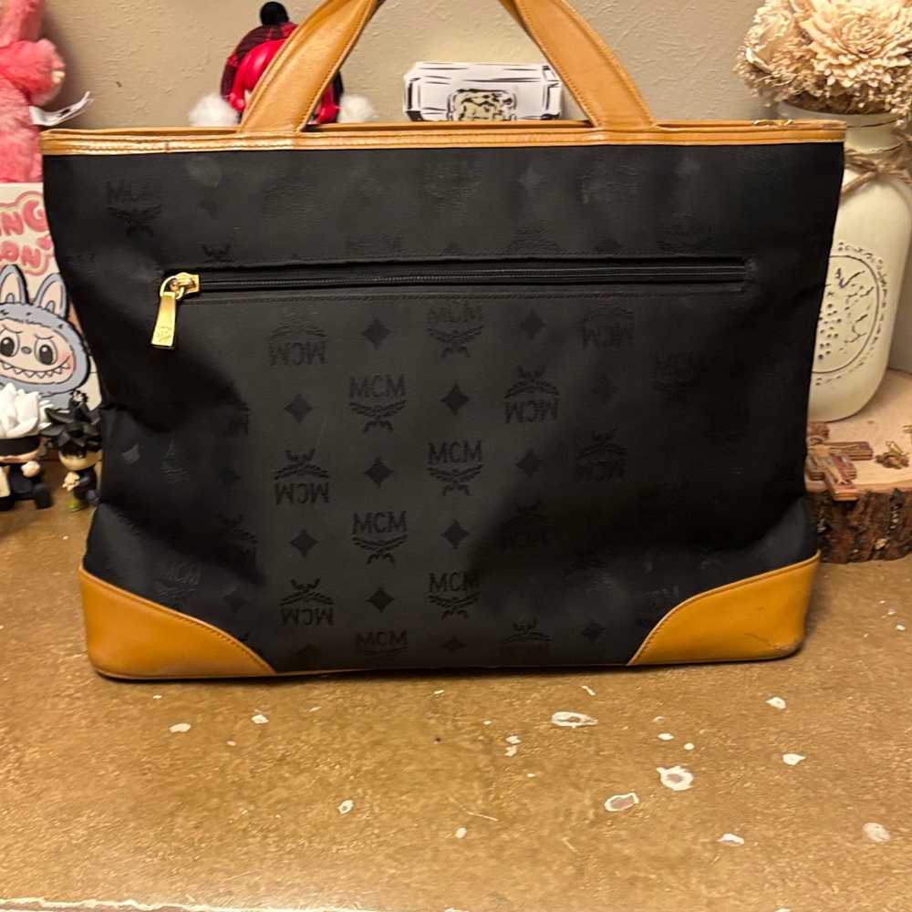 MCM Black Canvas Tote with Cognac Trim and Gold Plaque - Picture 4 of 16
